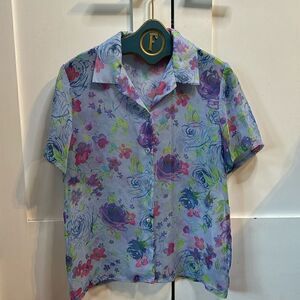 Haband! Vintage Sheer Blue Floral Button Up Blouse - M